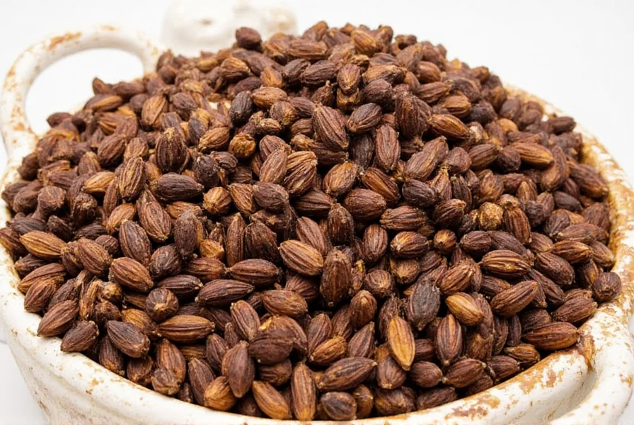 Black cardamom pods being crushed in a mortar and pestle with visible dark seeds