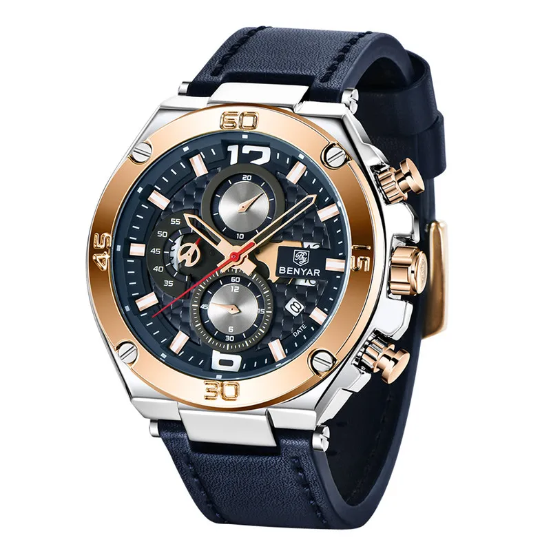

New BENYAR 5151 Brand Men Quartz Watch Luxury Military Sport Chronograph Business Waterproof Leather Watches Relogio Masculino