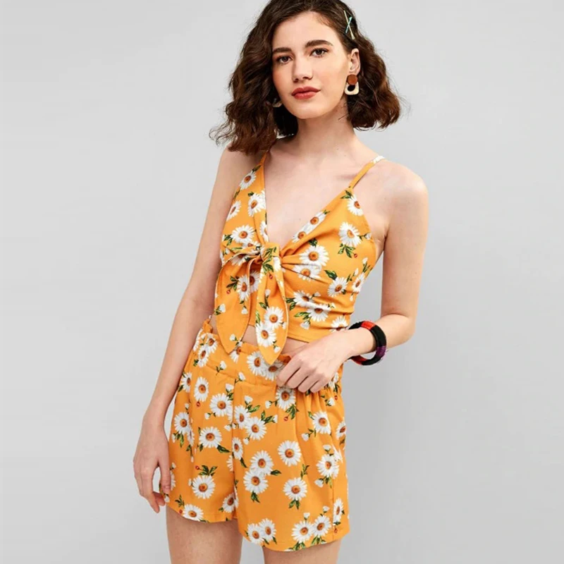 

Sexy Lady Floral Print Sling V-neck Casual Two Piece Suit, As show