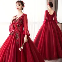 

2019 Luxury Wine Red Long Flare Sleeve V-Neck Beautiful 3D Flower Appliques Wedding Evening Party Dress