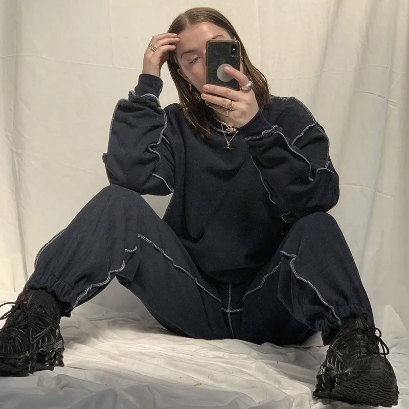 

2020 Trendy Girls Workout Cotton Contrast Sweat 2 Pieces Suit Pants And Hoodies Jogger Set Women, 3 colors in stock