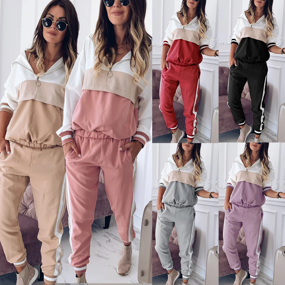 

PDEP women's hooded one-piece sport wear colors patchwork reflective women yoga gym outdoors casual sport wear suits clothing