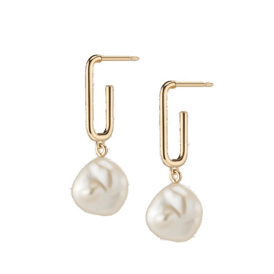 

14K 18K Gold Plated Vermeil S925 Sterling Silver Trendy Rectangle Huggie Hoop Baroque Freshwater Pearl Earrings Women
