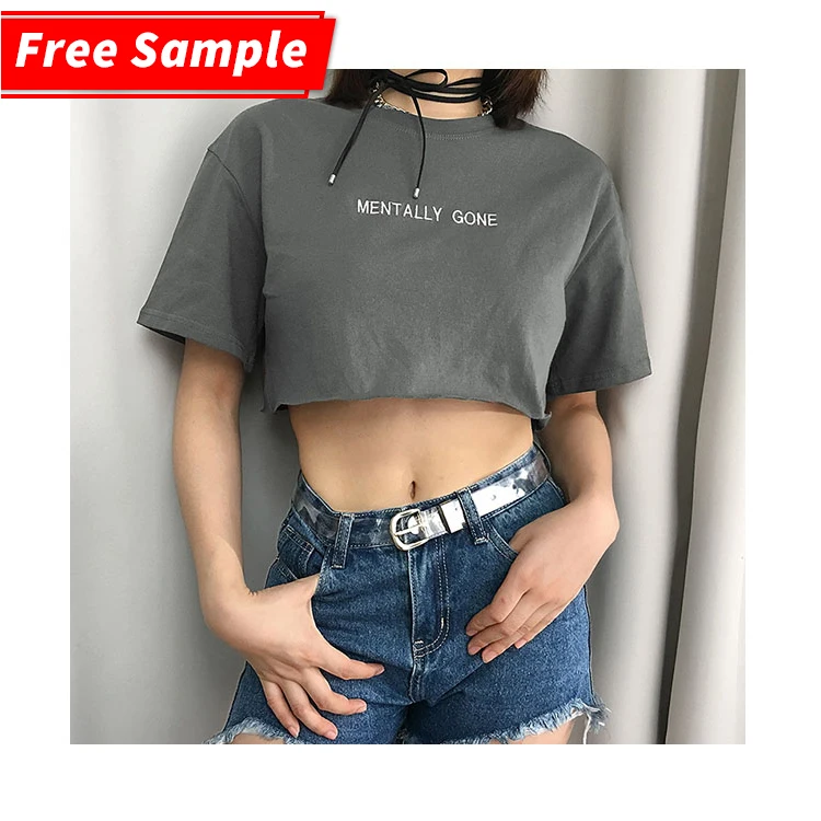 

Hip hop ladies blouse cotton letter embroided womens plain crop top shirt