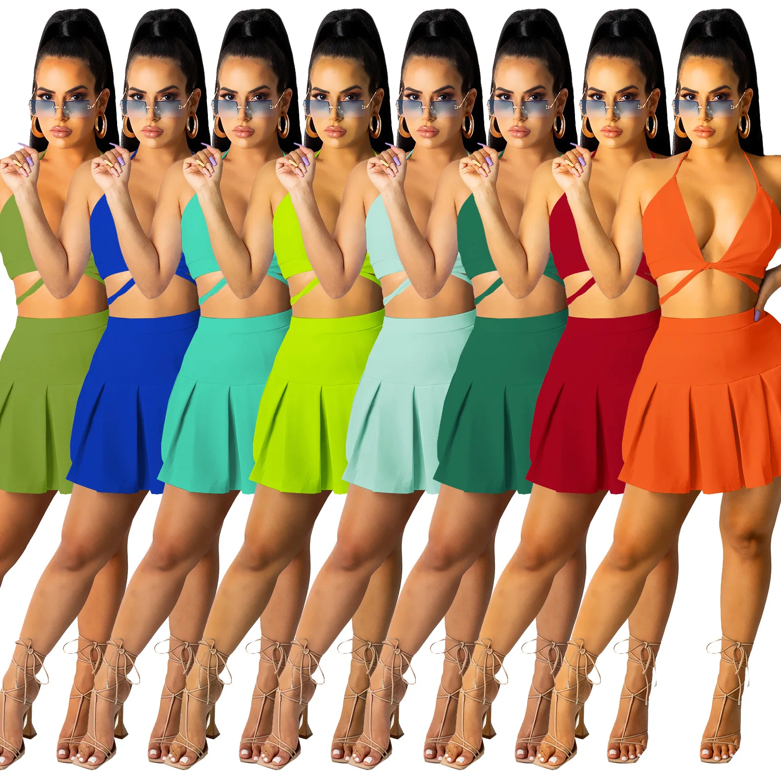 

S-XXL women 8colors halter neck crop top with pleated skirt ladies club sexy two piece 2 piece skirt set