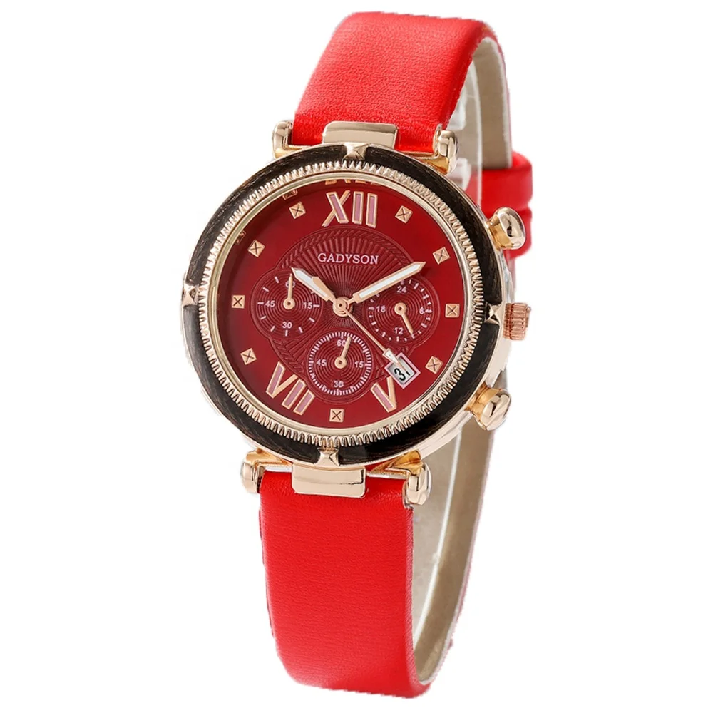 

Hot sale three-eye Roman numeral belt watch couple universal rose gold case quartz watch, As picture