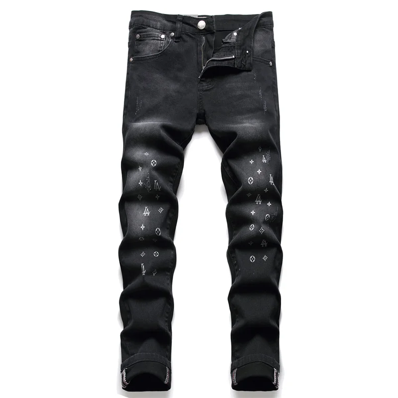 

AIPA 2022 Trend Classic Custom Black Buttons Zipper Woven Denim Fabrics Destroyed Ripped Stack Paint Spots Of Jeans For Men, Customized color