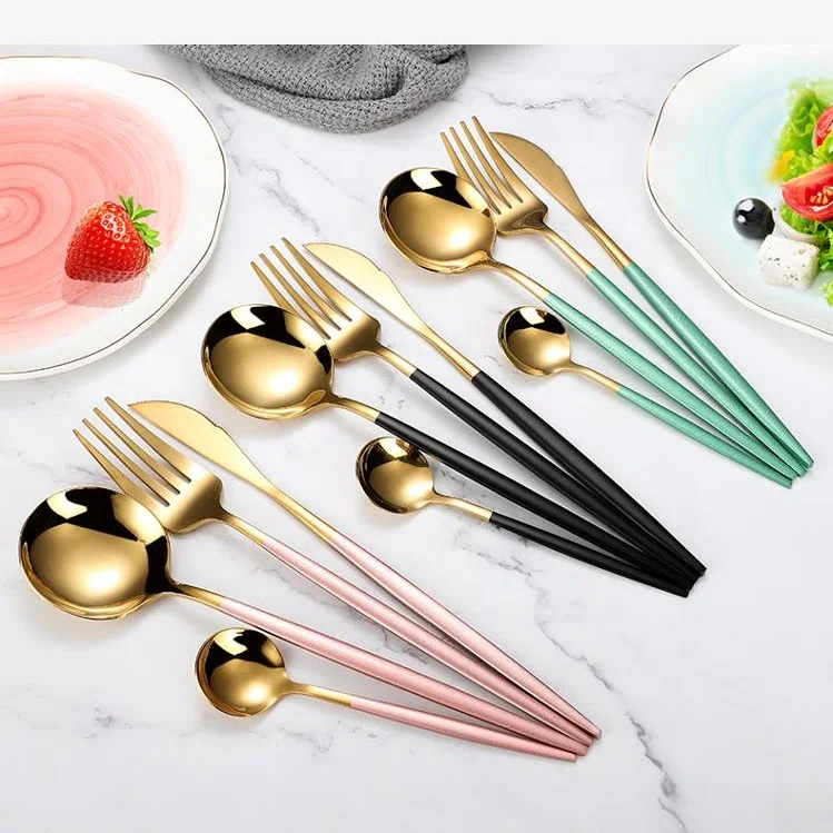 

2021 New Design Wedding Gold Plated Stainless Steel Silver Cutlery Spoon Fork Sets For Home, Silver,black,gold,color gold.color silver