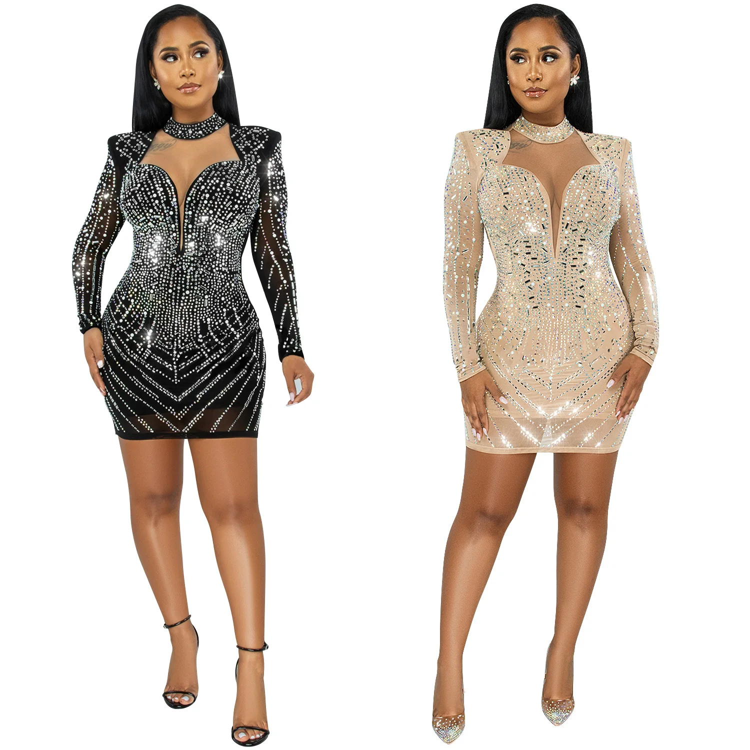 

C0401TA49 New Design Party Sexy Deep V Sheer Mesh Rhinestone Bodycon Dress Women Sehe Fashion