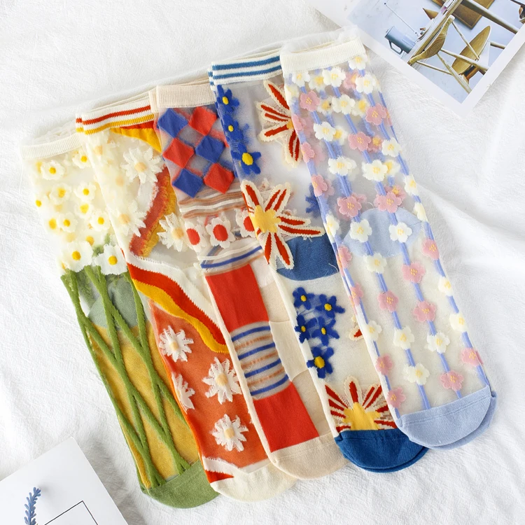 

Trendy Transparent Clear  Short Floral Sheer Socks Women