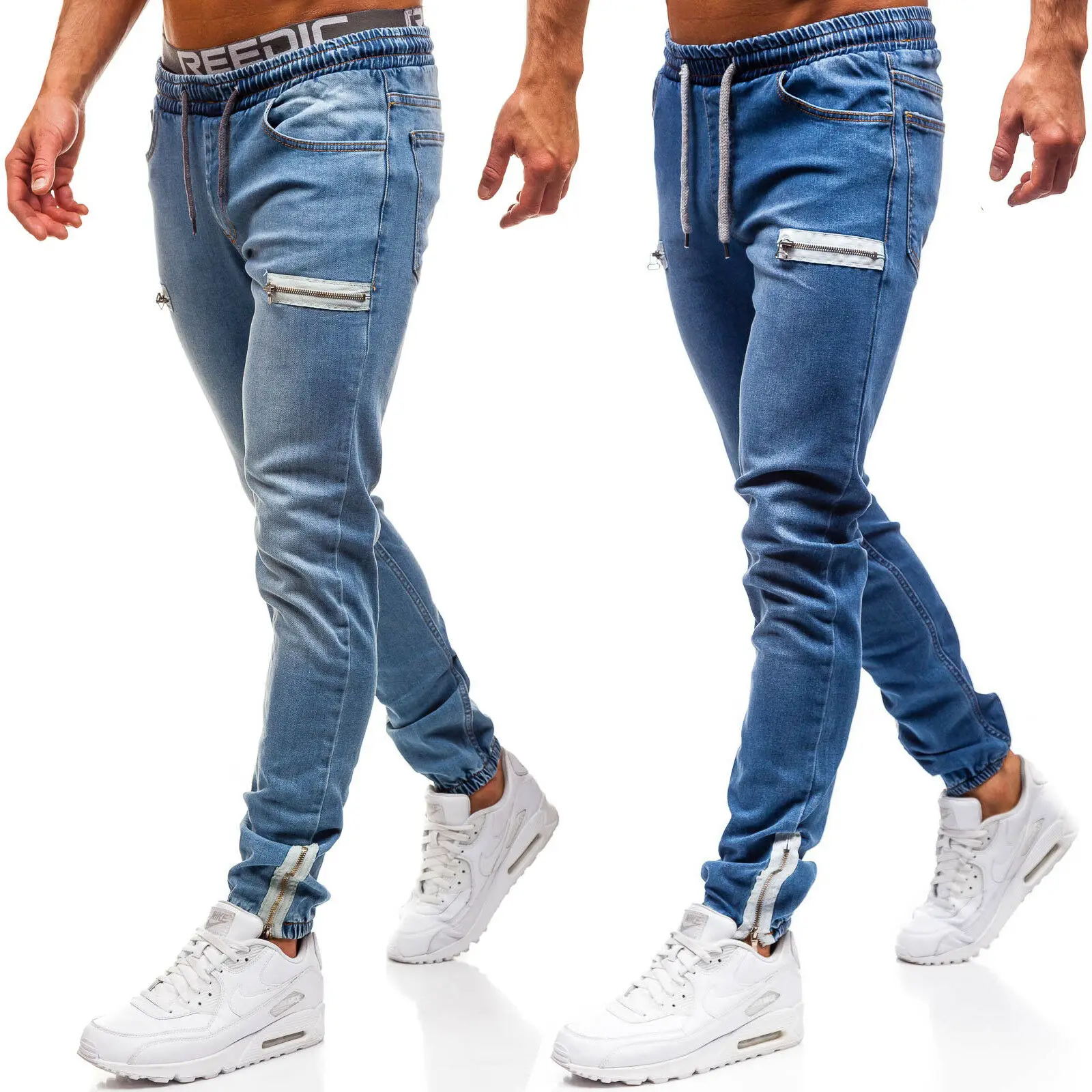 

factory custom baggy jeans stretch jogger with elasticated men jeans trousers denim, Denim blue