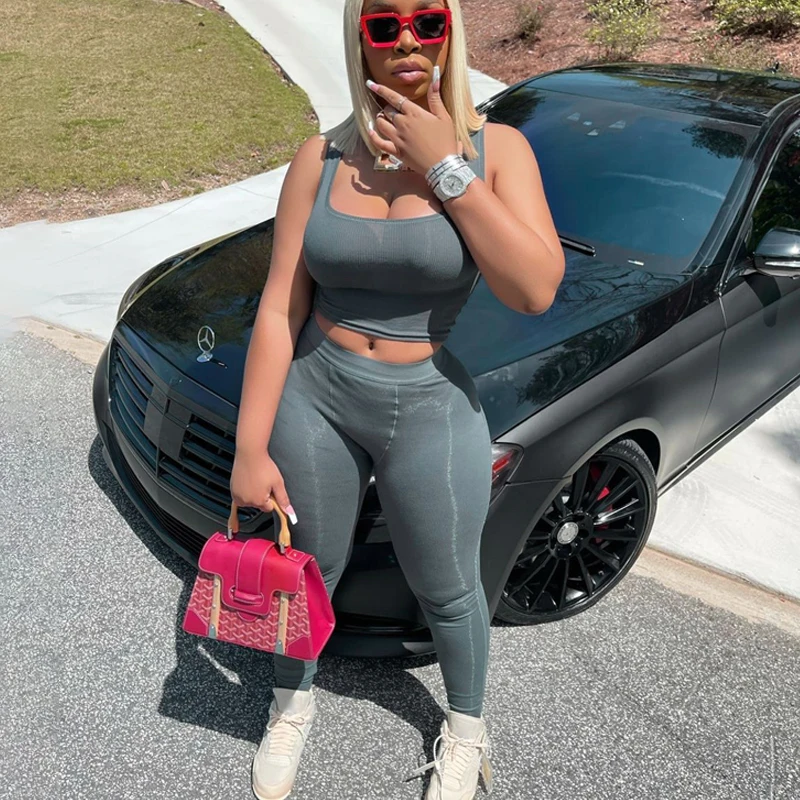 

Lagerfe Knitting Ribbed Tank Crop Top Long Pants 2 Two Piece Sets Women Yoga Skinny Outfit 2021 Summer Wholesale Vendor Clothing