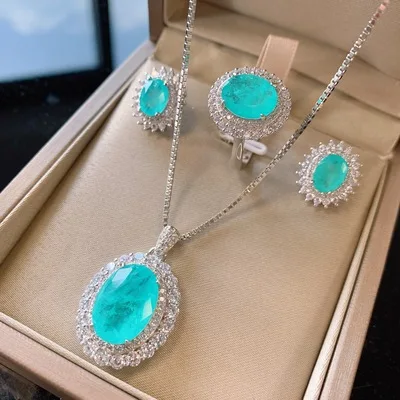 

3Pieces Earrings Necklace Rings S925 Sterling Silver Jewelry Set Fashion Graceful Paraiba Tourmaline Jewelry Set For Banquet