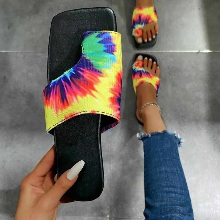

LX-30 tie dye print square toe flat sandals for Women summer casual toe ring flip flop leather slides beach sandals, Picture show , squine colors