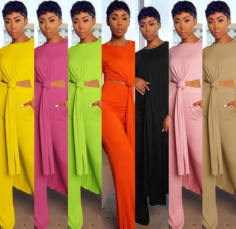 

Cowinner Woman Casual 2 Piece Outfits Solid Color Long Sleeve Split Top And Wide Leg Pants Set Active Suit Loungewear, As pic