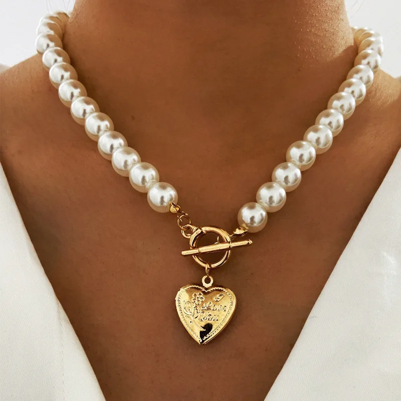 

Fashion Gold heart locket pearl necklace designs with bracelet for women wholesale N2104202