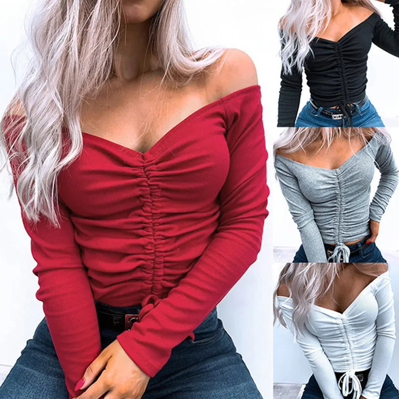 

2021 Fall/Winter Tops One-neck Simple Drawstring Slim Short Long Sleeve Ladies Top, Solid color