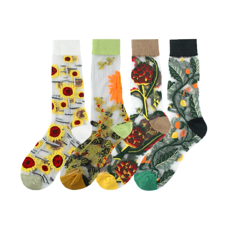 

Creative New Product Crystal Silk Socks Funny Sunflowers Vines Flowers Happy Women Socks Casual