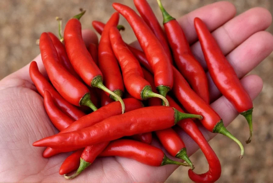 Dried red chile morita peppers arranged on a wooden surface