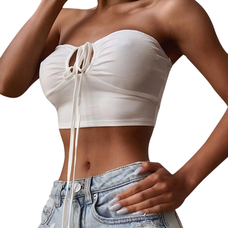 

NEW-JOYS 2021 Sexy solid color hanging neck small sling to wear outside Super short backless and strapless top