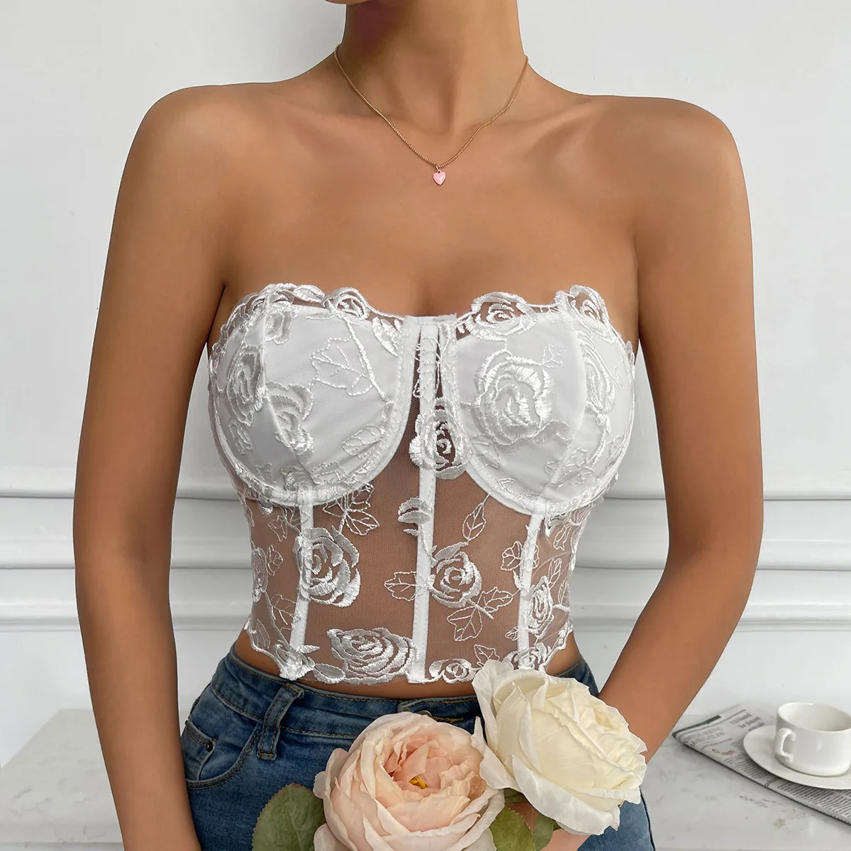 

Sexy Women Floral Lace Corset Strapless Sleeveless Streetwear Y2k Crop Top, White