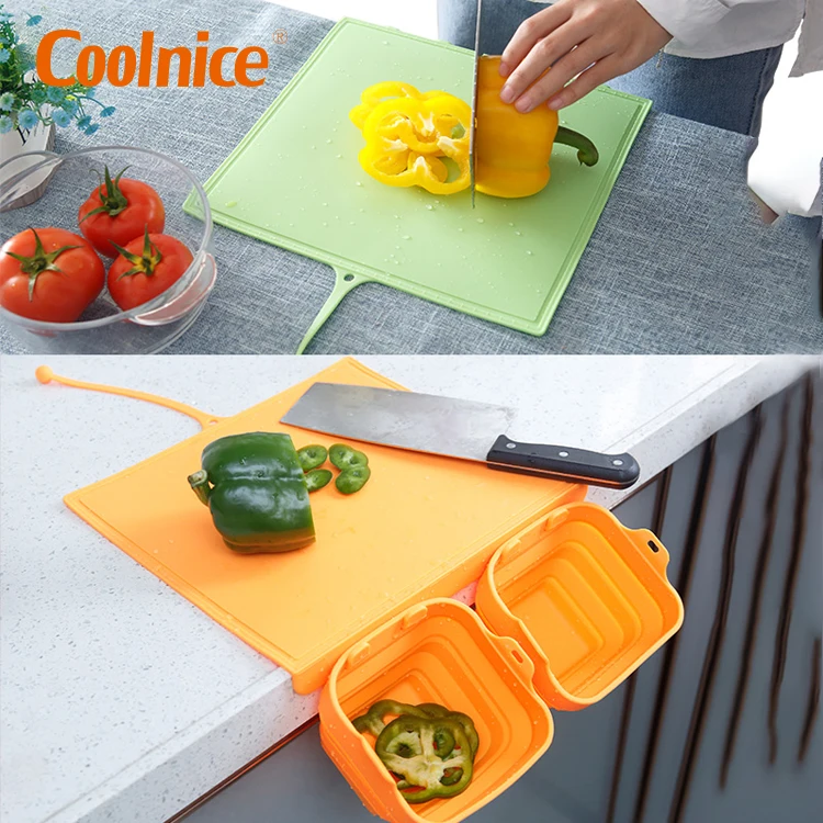 

Eco Friendly Multi Function Kitchen Foldable Silicone Chopping Board Cutting Board Set With Containers, Red,blue,yellow,pink,green