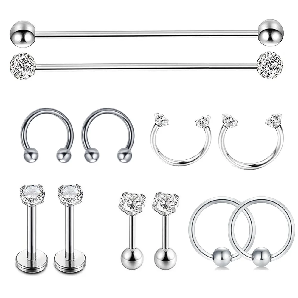 

12 pcs 14G 16G Surgical Steel Industrial Barbell for Women Men Flexible Cartilage Earring Body Piercing Jewelry