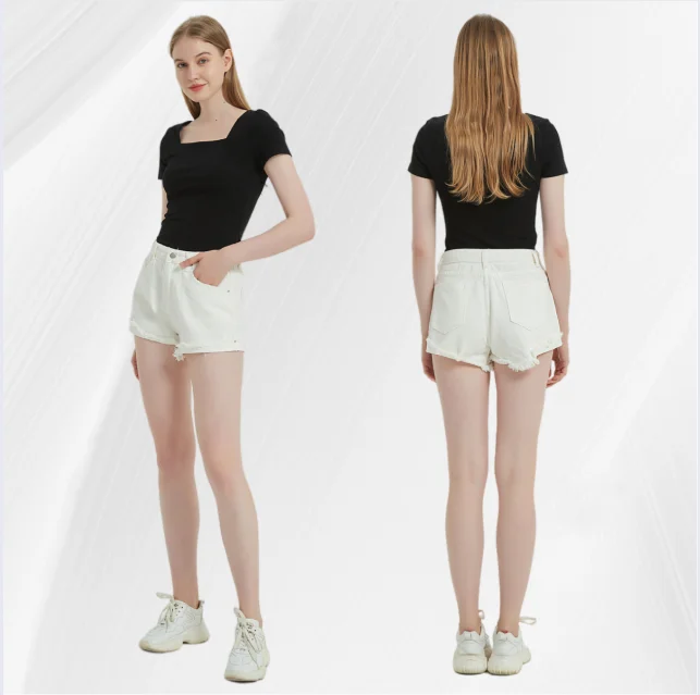

Zipper Fly Denim Short Pants Casual Roll Up Leg White Jeans Shorts For Women