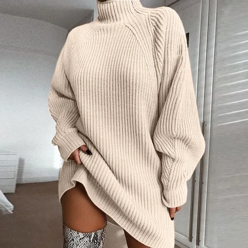 

ZC MY6327 Turtleneck Long Sleeve Sweater Dress Women Autumn Winter Loose Tunic Knitted Dresses, Black/gray/pink
