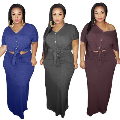 

Plus Size Short Sleeve Two Piece Maxi Skirt Set Womens Clothing Summer Plus Size Dress