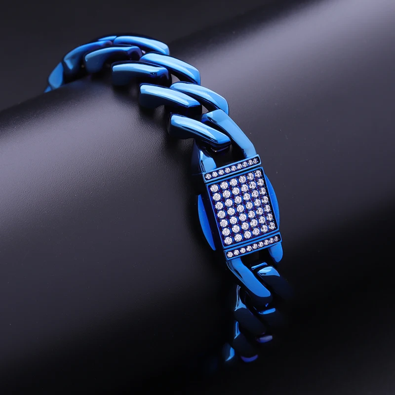 

PICKUP PVD blue plated 316L stainless steel diamond shaped zirconHIPPOP Link Chain men bracelet with 5A zircon