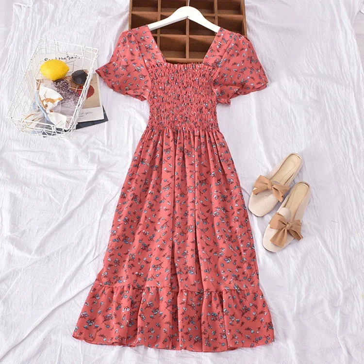

Summer Square Neck Elastic Floral Skirts Mid-Length Puff Sleeves Waist And Put On Korean Chiffon Dresses, 1color