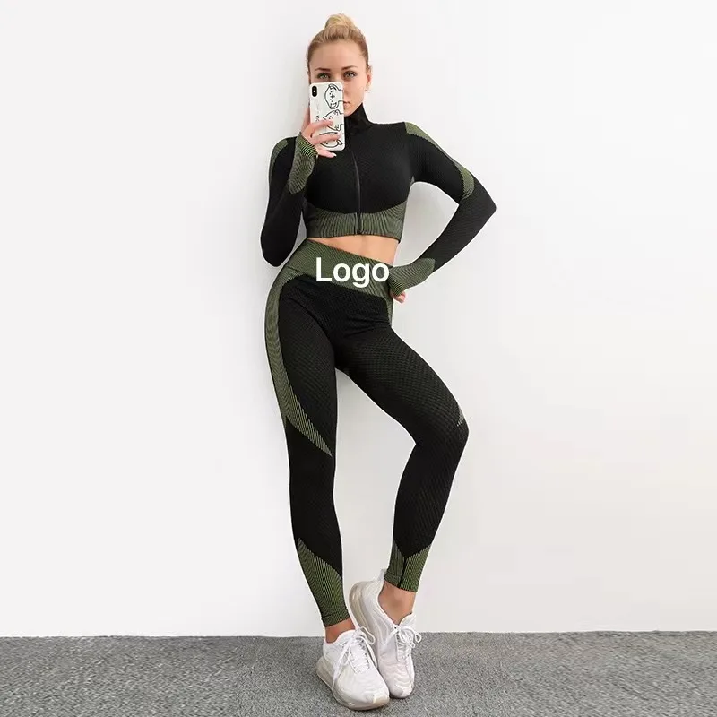 

Logo custom 3 piece set crop top leggings and sports bra workout gymwear yoga set with zipper for women
