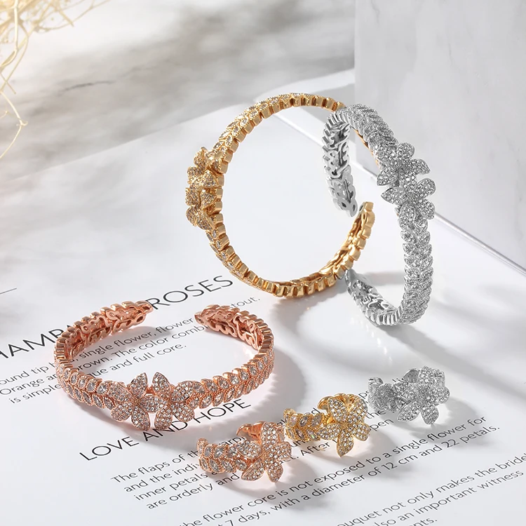 

2020 Bronze Rose Gold / Gold / Silver Jewellery Set flower Bracelets and Rings