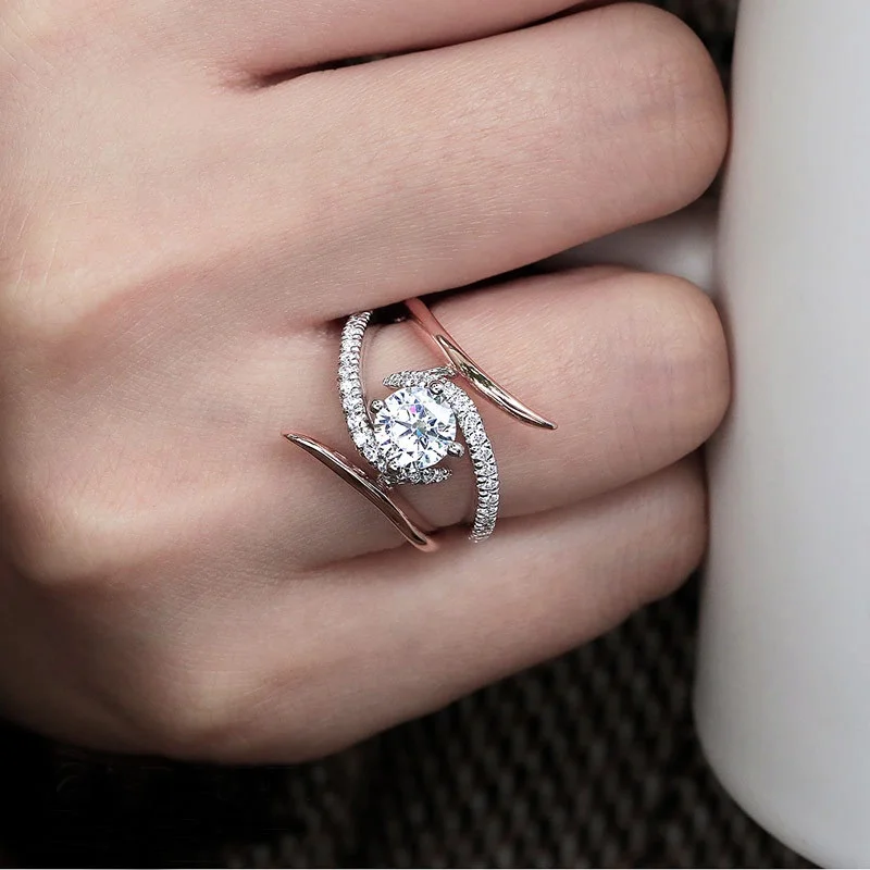 

Statement Ring with Round Brilliant Cubic Zirconia Prong Setting Rose Color Fashion Engagement Wedding Rings for Women