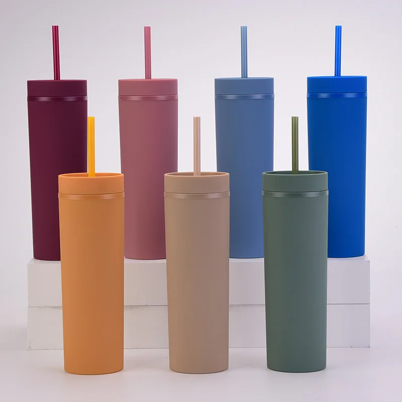 

16oz matte plastic tumbler water bottle acrylic skinny tumblers with Lids and Straws Reusable Insulated tumbler cups in bulk