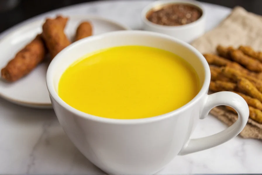 Golden turmeric tea in a white ceramic mug with fresh turmeric root and ginger
