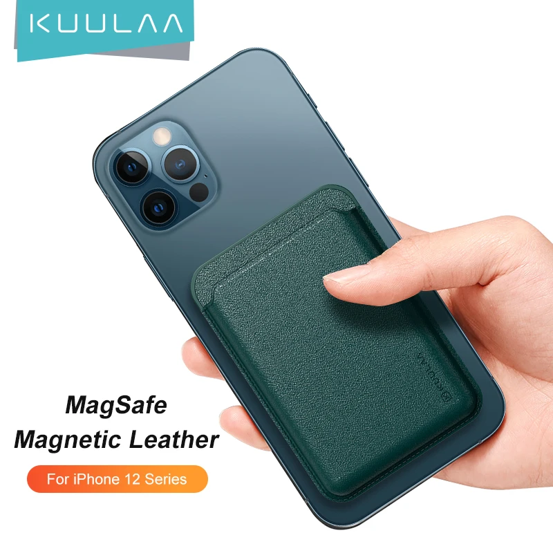 

KUULAA Lightweight Thin Small Powerful Magnetic Business PU Leather Card Holder For iPhone 12 Series, Black/brown/blue-green