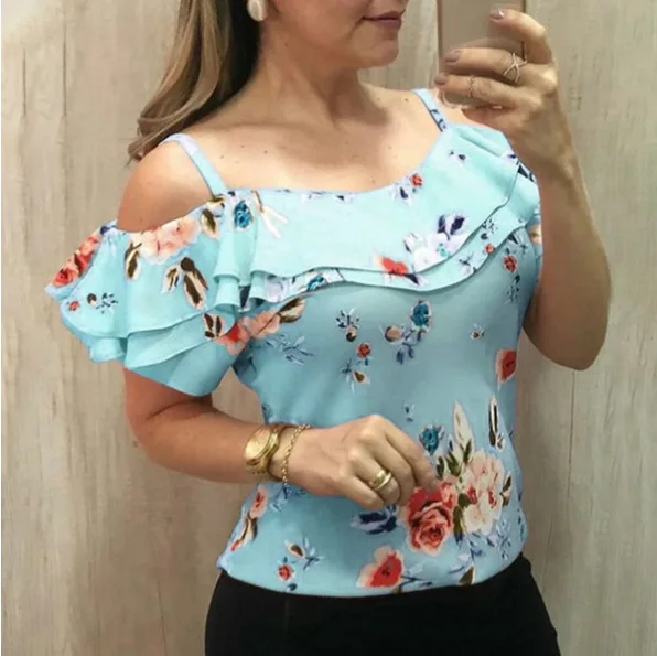 

Women New Autumn Europe and the United States off shoulder loose sleeve ruffle sleeve short-sleeved blouse shirt for women, Black grid