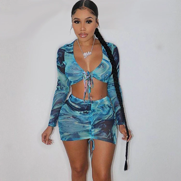 

2021 Autumn Party Clothes For Womens Sexy Gauze Colorful Printed Long Sleeve Sets Womens 3 Pieces Ladies Crop Top And Skirt, Light blue,green,pink,red