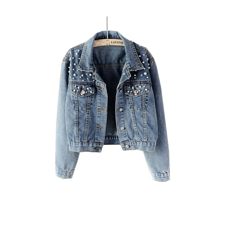 

Autumn Street Wear Custom ODM Blue Jean Outdoor Motorcycle Jacket Women Beaded Denim Jacket