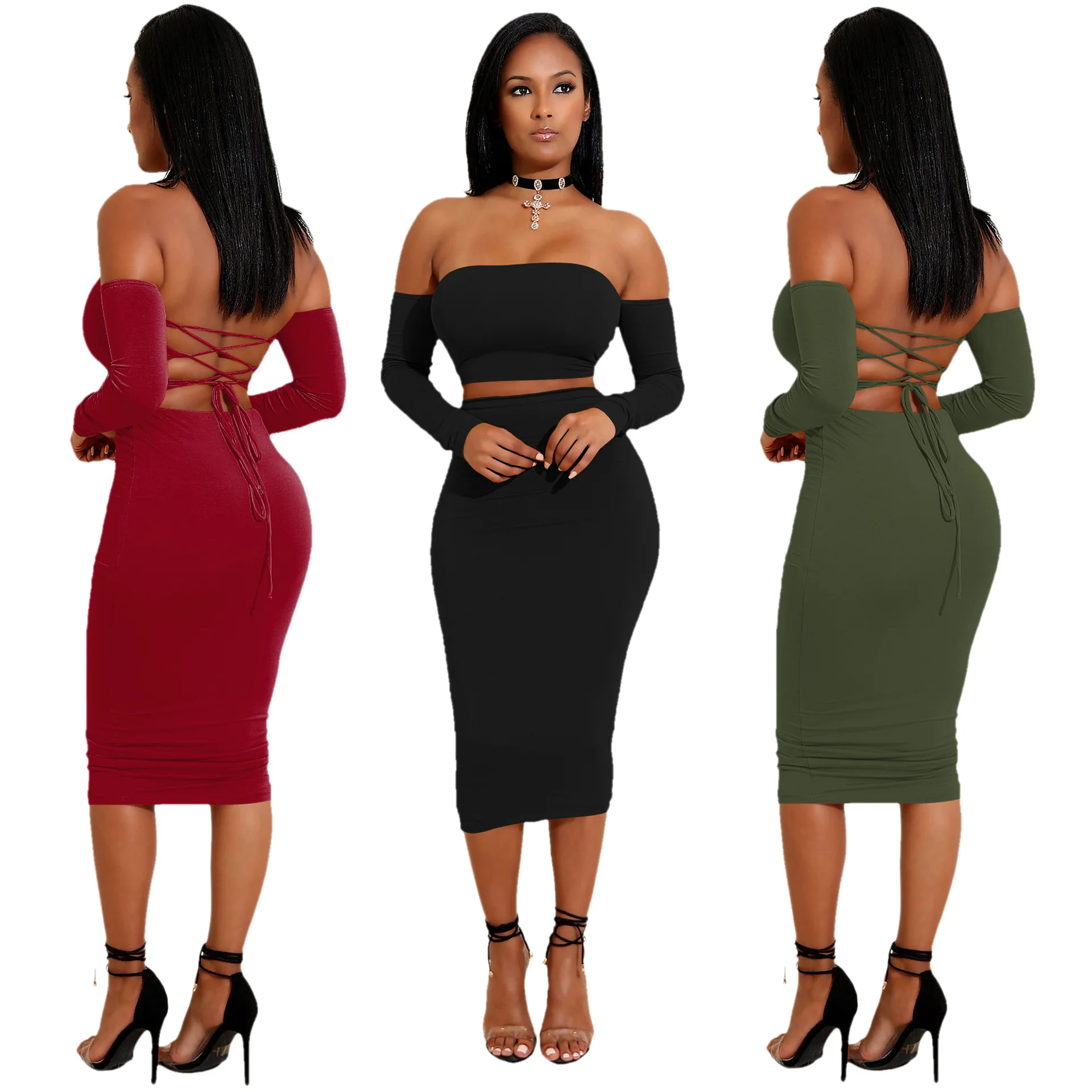 

2020 New Arrival Deep V Neck Long Sleeve Two 2 Piece Set High Fashion Women Sexy Bodycon Autumn Outfit Club Dress