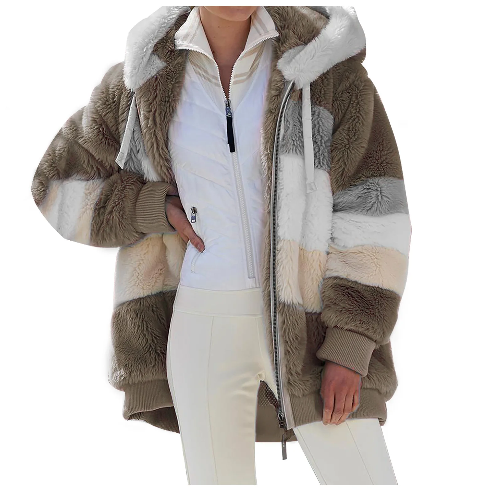 

2021 Hot new fall/winter loose plush multi-color hooded coat for women plus size fur coat hood