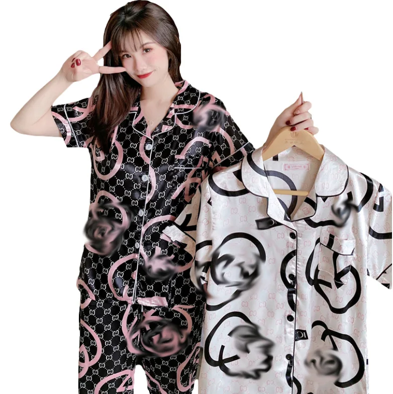 

New pajamas women summer short sleeves European and American fashion simulation silk spring and autumn ice silk home suit, Customized color