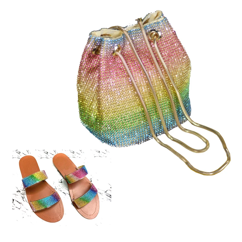 

2020 Bling Luxury Lady 2 Pieces Multi-color Diamond Bag and Slipper Set Rainbow Crystal Wedding Evening Clutch Bag With Slipper