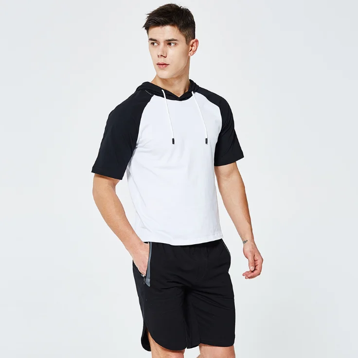 

Spring and summer short-sleeved T-shirt men's breathable short-sleeved trend casual hooded color matching T-shirt 2-piece set, Picture