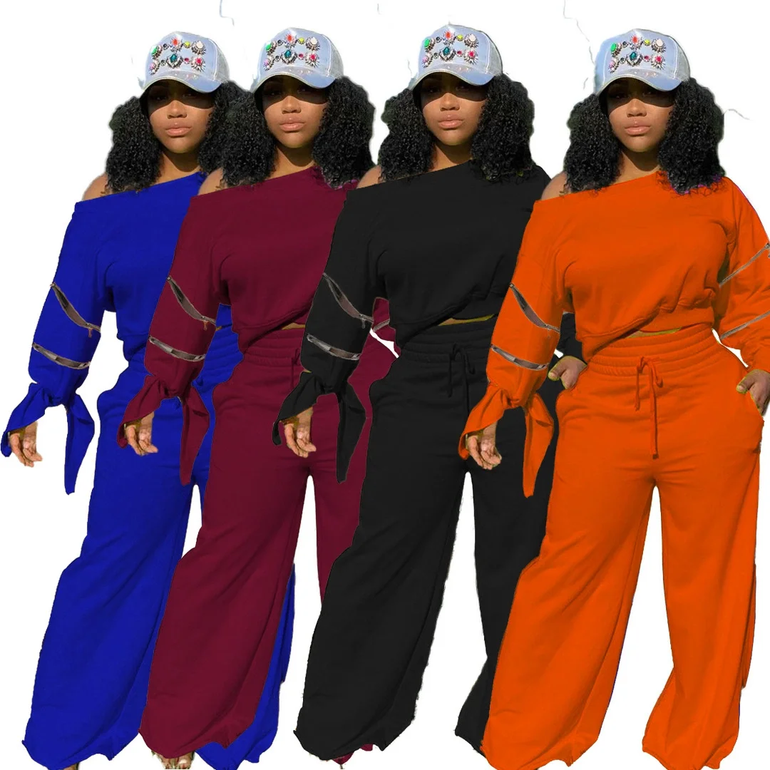 

2021 Solid Color Women Long Sleeve Sexy Casual Sports Plus Size Two Piece Sets Women Plus Size Women Clothing, Customized color