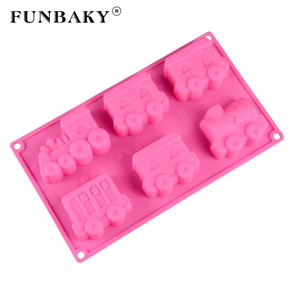 

FUNBAKY JSC1800 Durable 6 cavity toys making mold car train bus shape cake silicone mold bakeware cookies biscuit mold for kids, Customized color