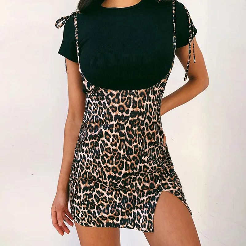 

2020 New Arrival Women Autumn spaghetti strap sleeveless Leopard printed solid dress women casual dresses