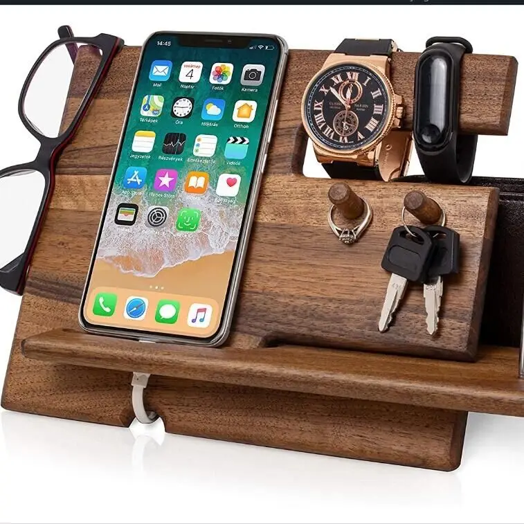 

JUNJI Wood Cell Phone Stand Watch Holder Men Wood Charging Docking Station Personalized Charging Gift Station